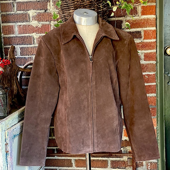Vintage Y2K Thermo Fisher Scientific brown suede zip front leather jacket .Sz XL